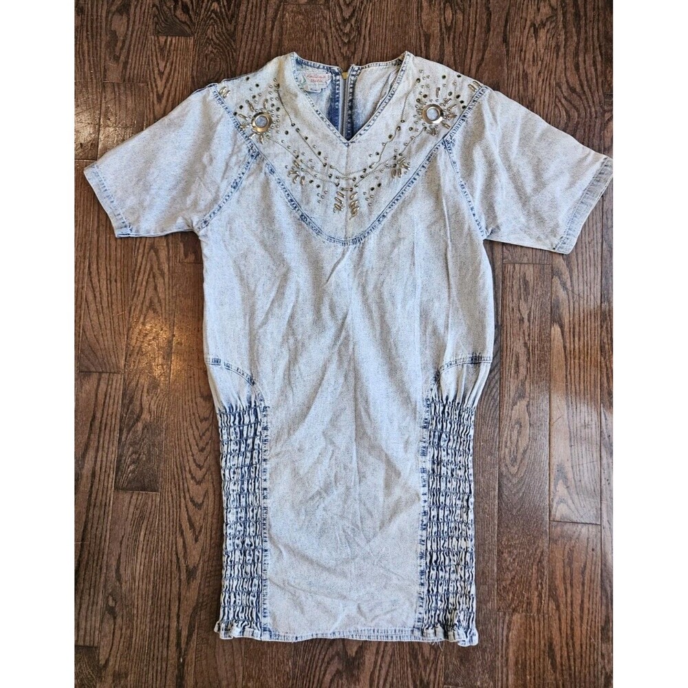 VTG 80s Andiamo Italia Acid Wash Denim Dress Size M Western Glam Silver Beads